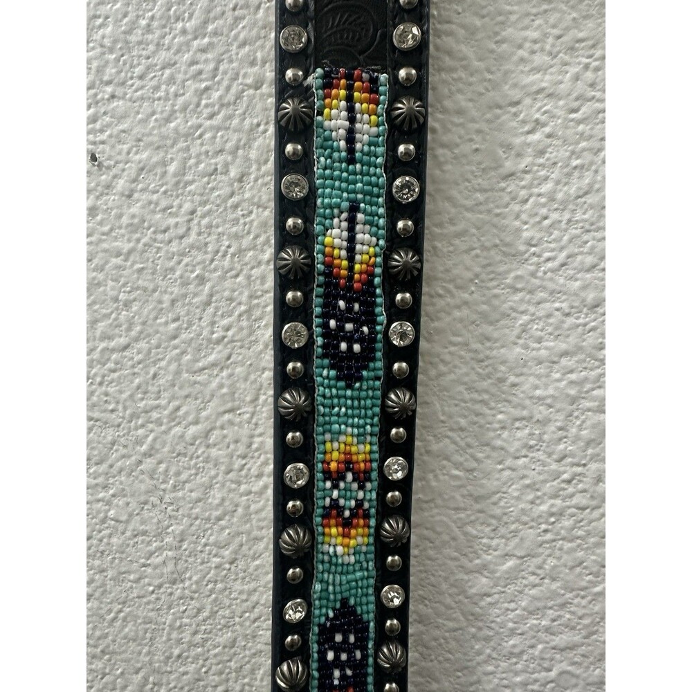 Tooled Leather Studded Silver & Rhinestone Aztec Blazin Roxx Bling Belt Rodeo - Picture 8 of 10